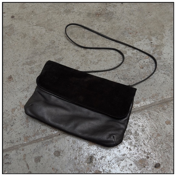Eileen Fisher Suede Leather Foldover Crossbody Clutch Black Shoulder Bag - Picture 1 of 7